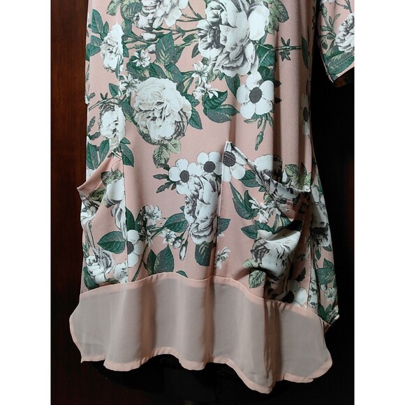 Nina Leonard Women Pink Floral Sheer Hem Pockets Short sleeve Tunic‎ Size M - Picture 3 of 7